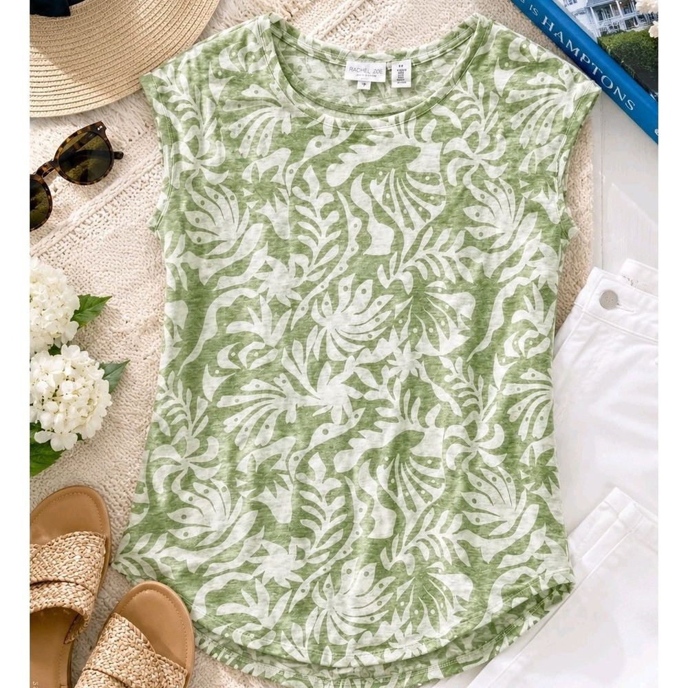 Rachel Zoe 100% Linen Knit Top Womens M Tropical Leaf Coastal Resort Vacation